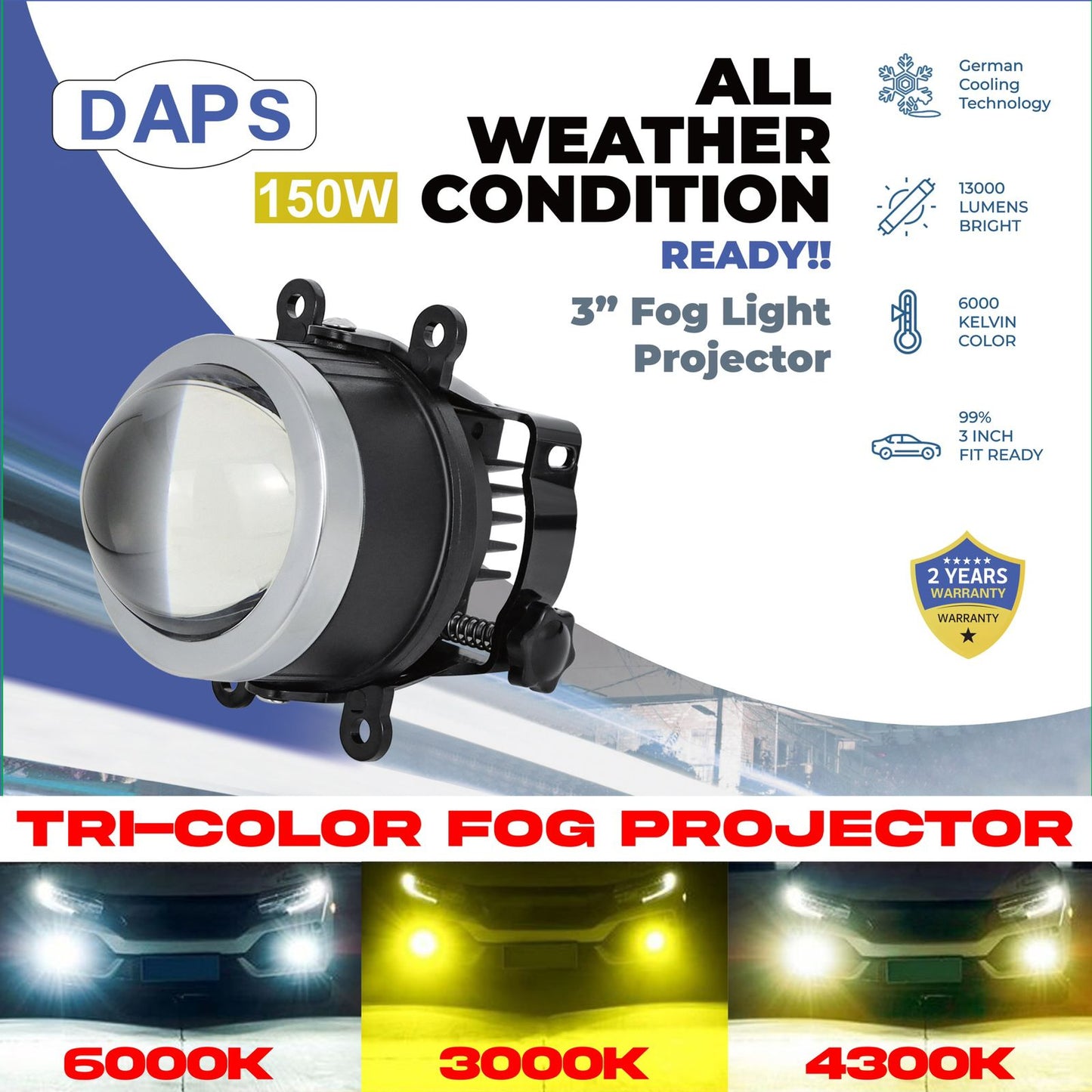 3 INCH FOG LAMPS WITH 2 YEAR WARRANTY (TRI-COLOUR)